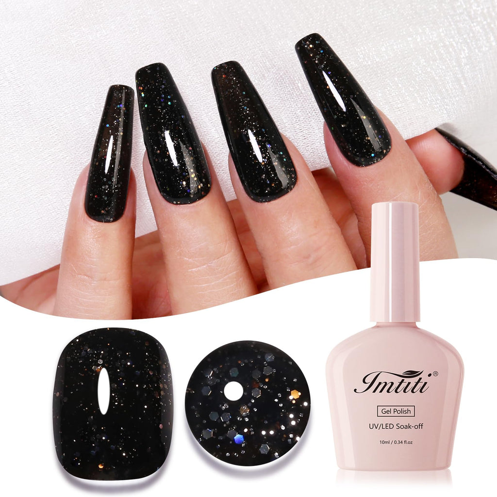 Imtiti Glitter Gel Nail Polish Black Iridescent Glitter Gel Polish Diamond Shimmer Sparkle Soak Off UV LED Nail Gel Polish Autumn Winter Gel Polish Manicure Gel Nail Kit 10ML