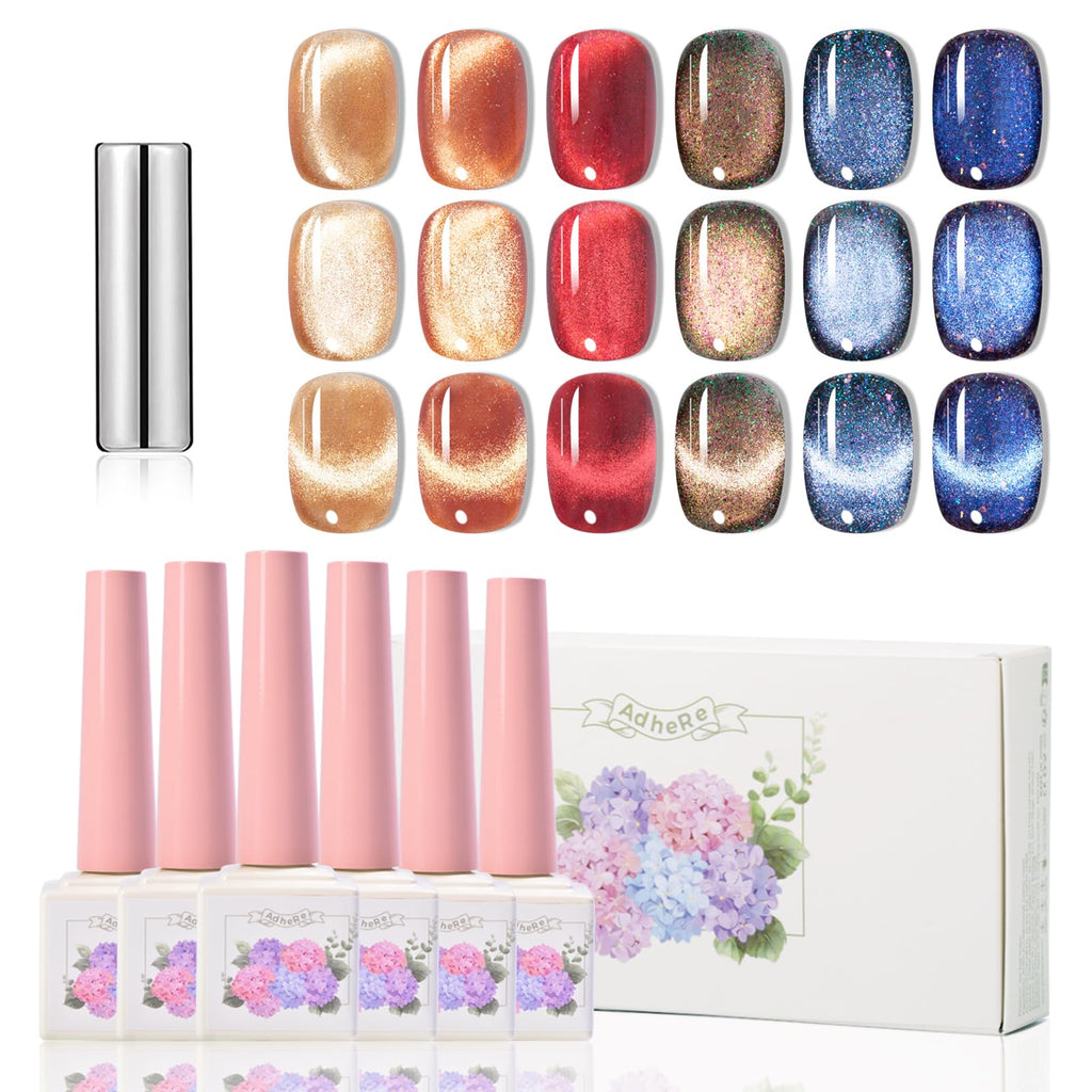 ADHERE 12ml 6pcs Cat Eye Gel Nail Polish Kit with Magnetic Stick Holographic Glitter Cat Eye Gel Polish Nail Varnish UV LED Nail Gel Polish for Nail Salon DIY Nail Design