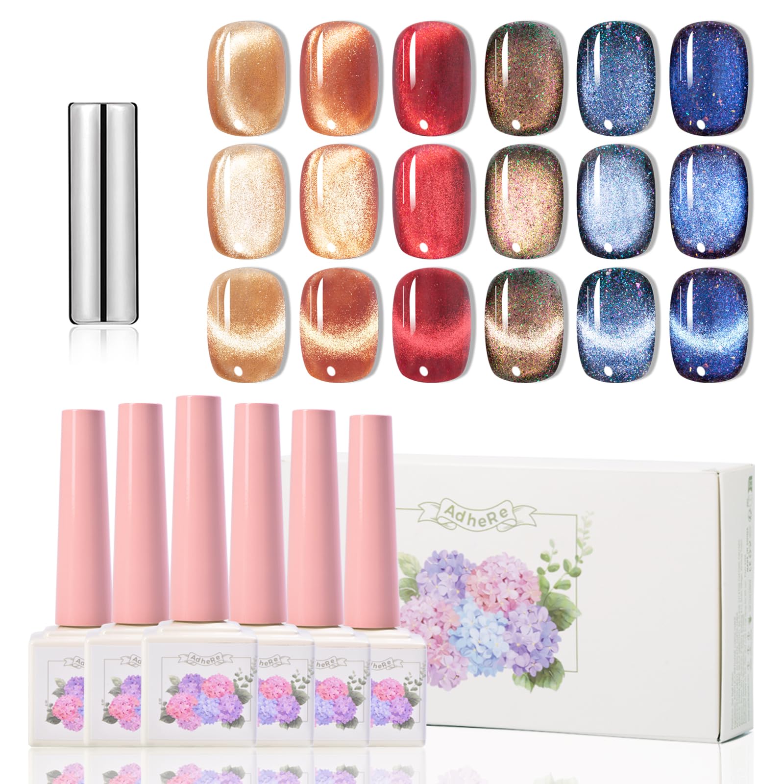 ADHERE 12ml 6pcs Cat Eye Gel Nail Polish Kit with Magnetic Stick Holographic Glitter Cat Eye Gel Polish Nail Varnish UV LED Nail Gel Polish for Nail Salon DIY Nail Design