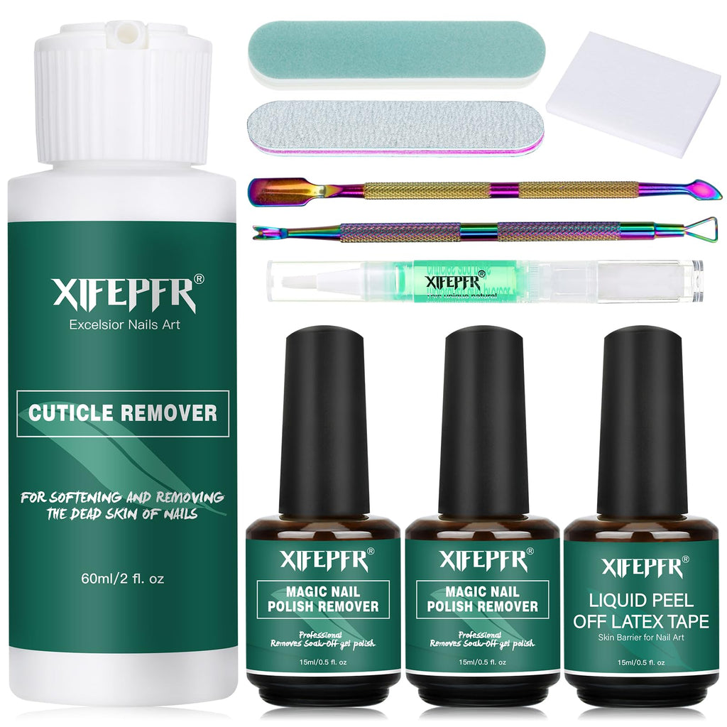 XIFEPFR Gel Nail Polish Remover & Cuticle Remover Kit Gel Polish Remover with Liquid Latex Cuticle Remover Cream and Oil Manicure Tools Gel Remover for Nails in 2-5 mins